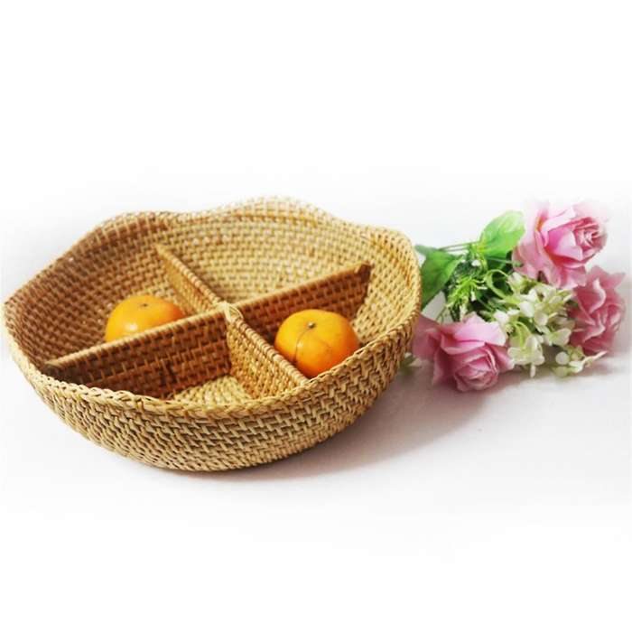 4-compartment Divided Serving Dishes Rattan Bowl,round Decorative Fruit Tray for Snacks,nuts,candies