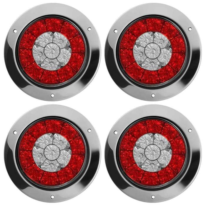 4Pcs 12-24V 16 LED 4inch Round Truck Trailer RV Brake Stop Turn Tail Signal Light Red Amber Chrome W