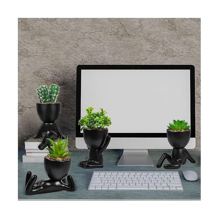 4pcs Artificial Succulent Planters, Mini Potted Ceramic Succulent Decor, Human Shaped Black Pots Sma