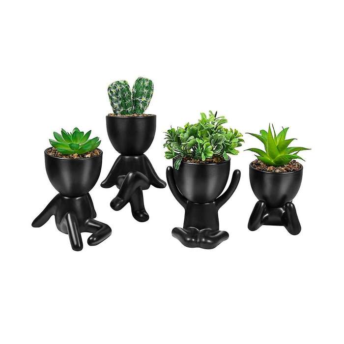 4pcs Artificial Succulent Planters, Mini Potted Ceramic Succulent Decor, Human Shaped Black Pots Sma
