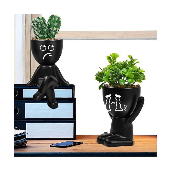 4pcs Artificial Succulent Planters, Mini Potted Ceramic Succulent Decor, Human Shaped Black Pots Sma