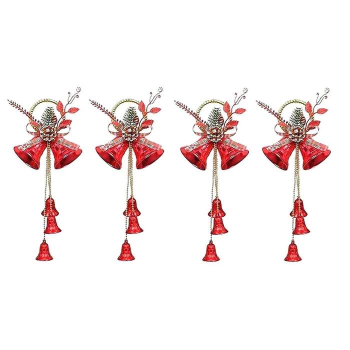 4pcs Christma Jingle Bells Door Hanger Ornaments Red Christmas Tree Decorations with 5 Bells and Pin