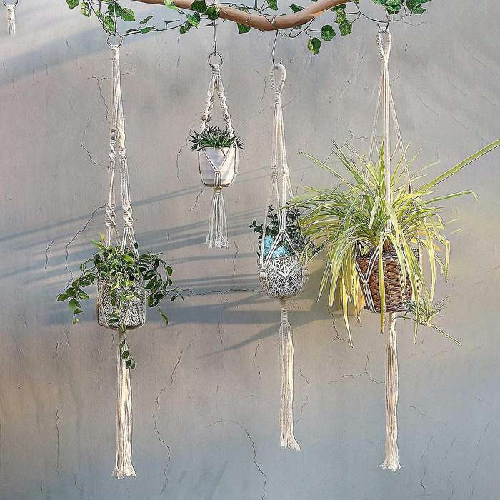 4pcs Handmade Flower Pot Net Bag Braided Home Vintage Decor Plant Hanging Basket Knotted Rope Garde