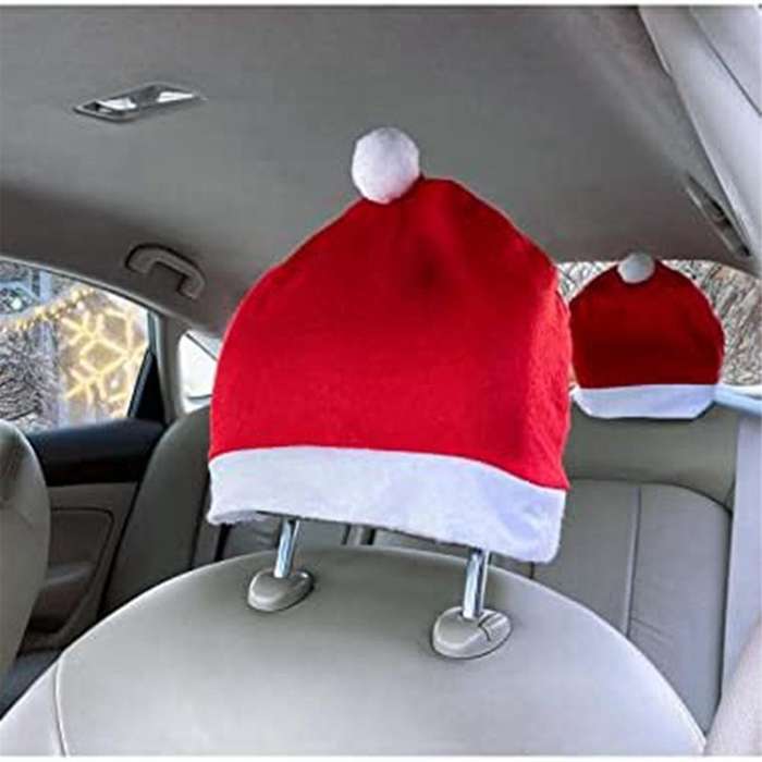 4Pcs Santa- Hat Car Seat Headrest Cover Cute Car Decor Interior Car Decoration, Suitable for Most Ca