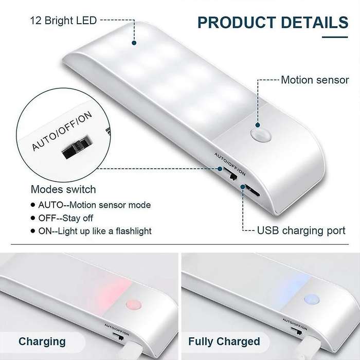 4Pcs Under Cabinet Lights Kitchen Lighting IR Motion Sensor 12LEDS Night Lights USB Rechargeable Sta