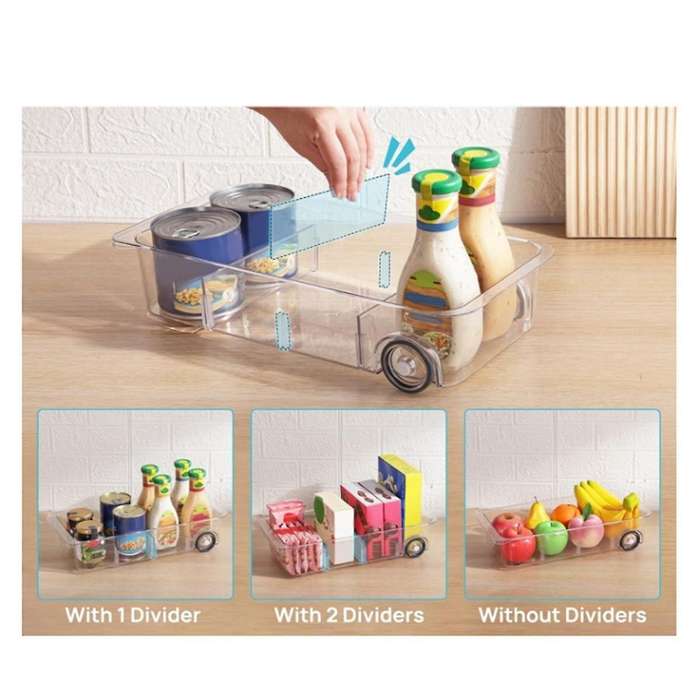 Fridge Organizer Bins on Wheels, Clear Roll Out Drawer Refrigerator Organizing with Dividers, Thick