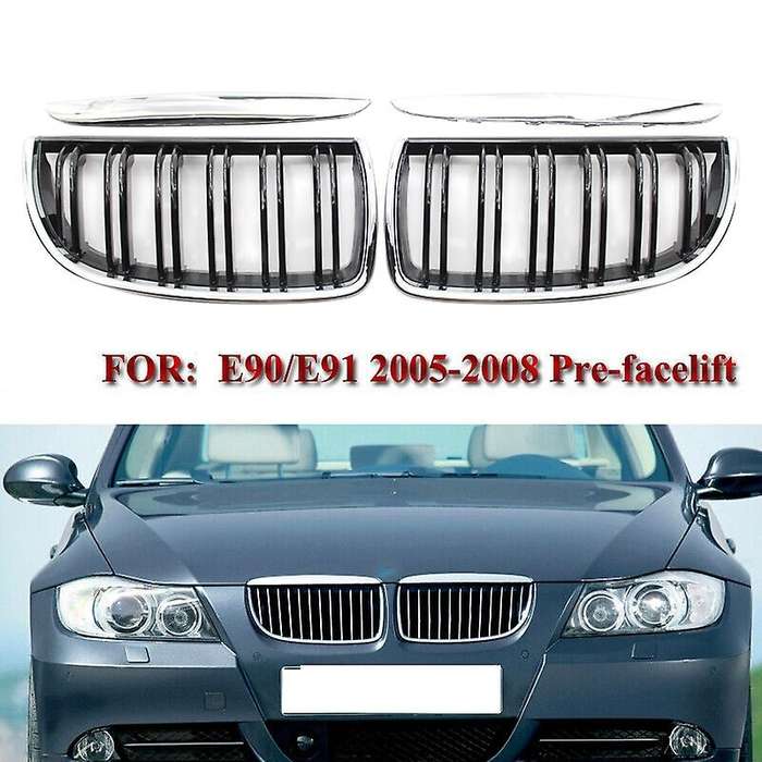 Front Kidney Double Line Grille Sport Grill Replacement for 3 Series E90 E91 Sedan 2005-2008 Chrome