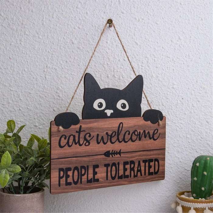 Funny Cats Welcome Sign, Cats Welcome People Tolerated Kitten Wooden Plaque, Black Cats Wall Decor,