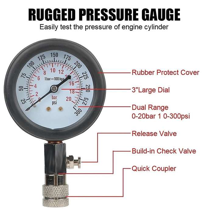 Gasoline Engine Compression Meter with M10 M12 M14 Adapter 0-300 PSI Pressure Gauge Automotive Cylin