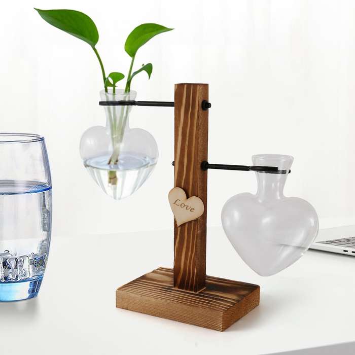 Glass Test Tube Vase Wood Stand Glass Vase Heart Shape Romantic Hydroponic Plants Holder Bonsai Des