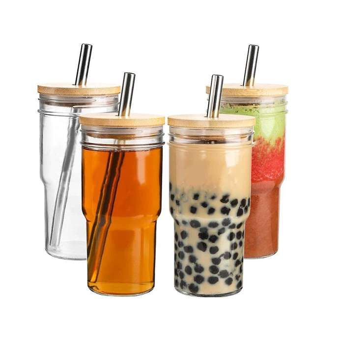 Glass with Lid and Straw, 4-piece, 24-ounce Travel Coffee Cup, Wide Mouth, 4-piece, 24-ounce Travel
