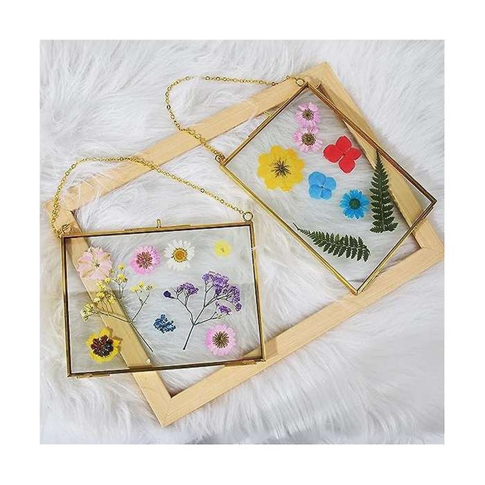 Golden Glass Brass Wall Hanging Picture Frame Artwork Display Frame, Double Glass Floating Frame Sty
