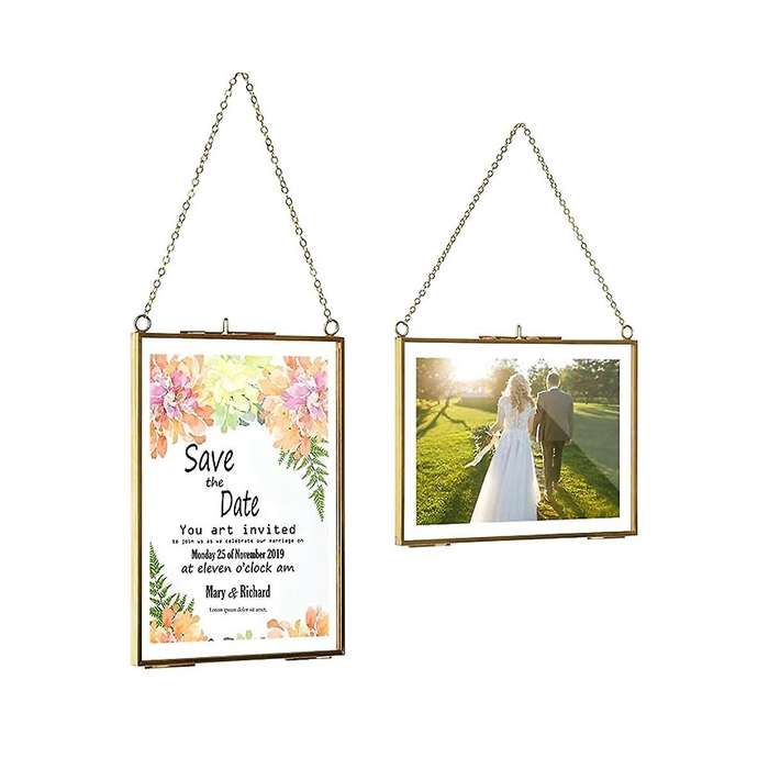 Golden Glass Brass Wall Hanging Picture Frame Artwork Display Frame, Double Glass Floating Frame Sty