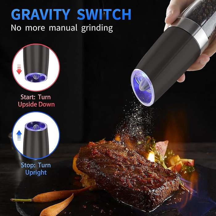 Gravity Electric Salt and Pepper Grinder, Adjustable Coarseness, Automatic Mill Grinder, Battery Pow