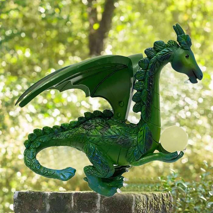 Green Dragon Statue with Luminous Pearl Resin Dragon Outdoor Garden Statue Decoration for Patio Lawn