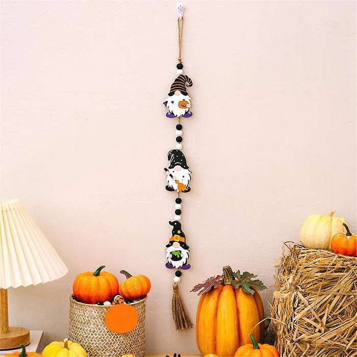 Halloween Wood Bead Garland with Pumpkin Bat Ghost- Rustic Pendant Wall Hanging Garland Beaded Tiere