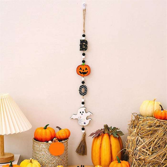 Halloween Wood Bead Garland with Pumpkin Bat Ghost- Rustic Pendant Wall Hanging Garland Beaded Tiere