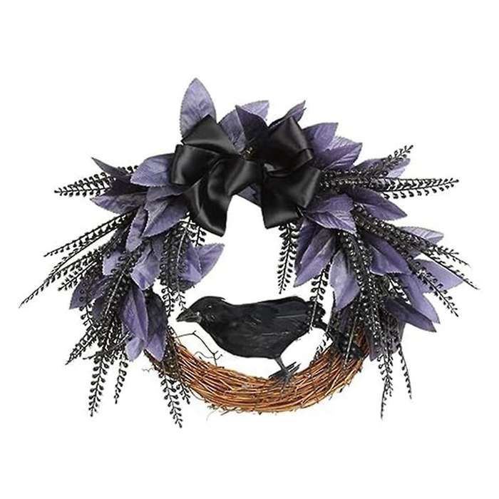 Halloween Wreath for Front Door, Halloween Crow Wreath with Bow Tie for Halloween Decoraion Artifici