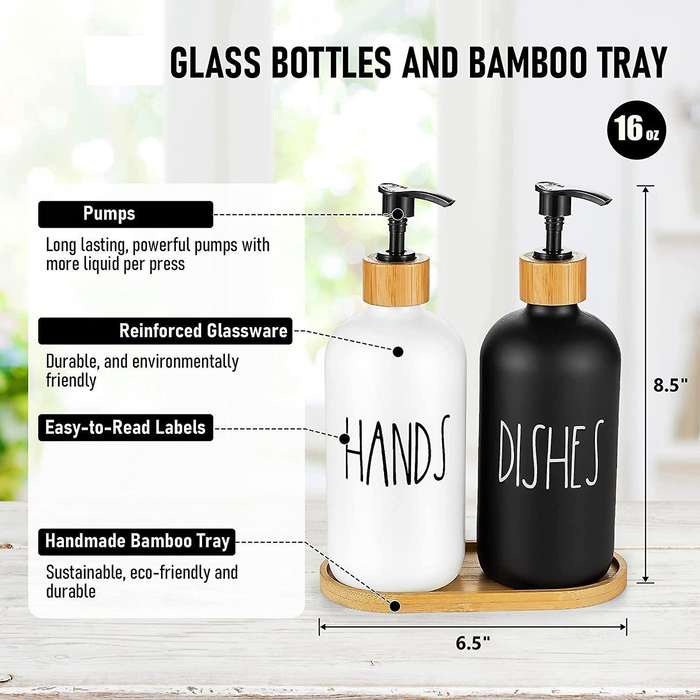 Hand and Dish Soap Dispenser for Kitchen Sink with Tray,black & White