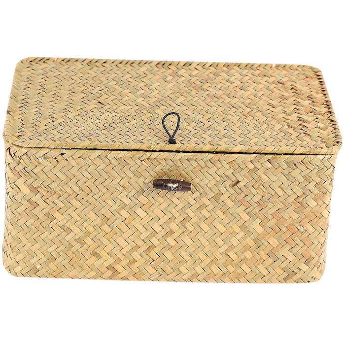 Handmade Straw Woven Storage Basket with Lid Makeup Organizer Storage Box Seagrass Laundry Baskets