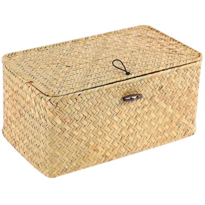 Handmade Straw Woven Storage Basket with Lid Makeup Organizer Storage Box Seagrass Laundry Baskets