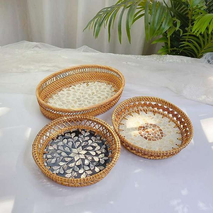 Handmade Woven Rattan Basket Fruit Cake Snack Coffee Plate Dinner Serving Tray Table Storage Contain