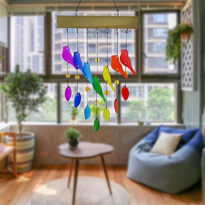 Handwork Crystal Glass & Driftwood Chimes, Sandblasted Glass and Wood Handcrafted Wind Chimes, Birds