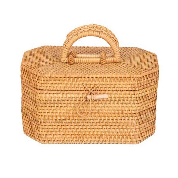 Handwoven Rattan Storage Box with Handle Tea Food Container Picnic Bread Fruit Basket Ornament Box K