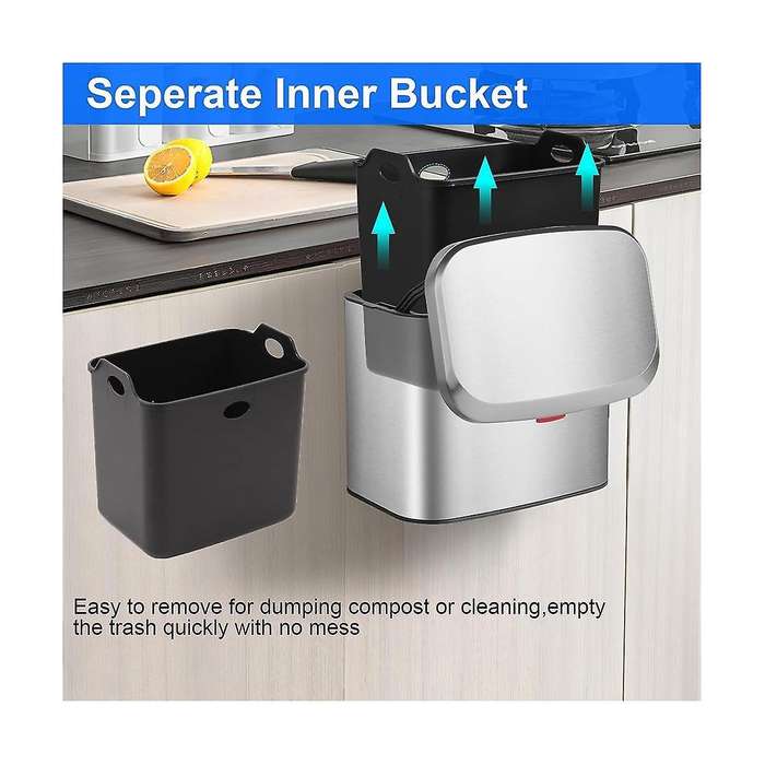Hanging Stainless Steel Compost Bin 1.05 Gallon Wall Mounted Trash Can with Lid, Kitchen Cabinet Doo