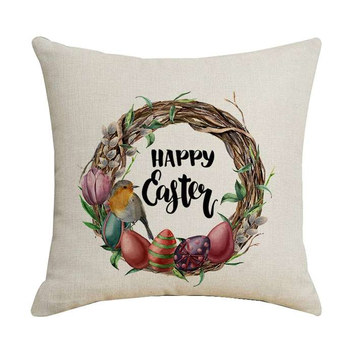 Happy Easter Pillow Case Bird Egg Wreath Pattern Linen Pillowcase Sofa Throw Cushion Cover Decor Par