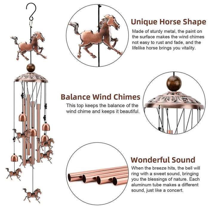 Horse Wind Chimes Outdoor Copper Wind Chimes Decoration with 1 Lucky Bead 4 Aluminum Tubes 6 Bells M
