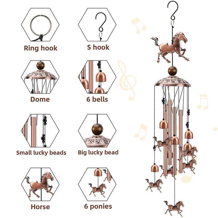 Horse Wind Chimes Outdoor Copper Wind Chimes Decoration with 1 Lucky Bead 4 Aluminum Tubes 6 Bells M