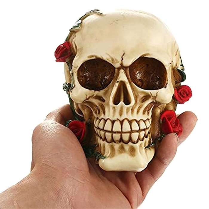 Human Skull with Rose Resin Statue Small Size Head Sculptures Skull Collectible Figurines