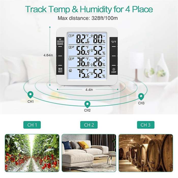Hygrometer 100m Wireless Digital Indoor Outdoor Thermometer with 3 Sensors Hygrometer Weather Statio