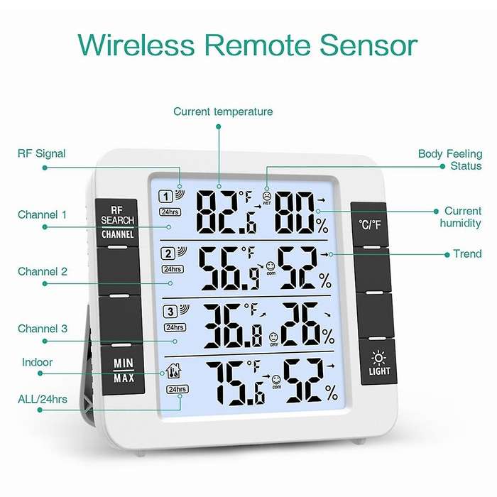Hygrometer 100M Wireless Digital Indoor Outdoor Thermometer with 3 Sensors Hygrometer Weather Stati