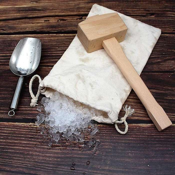 Ice Mallet and Ice Bag - Wood Hammer and Cotton Linen Bag for Crushed Ice, Bartender Kit & Bar Tools