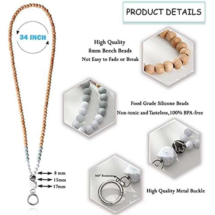 ID Badge Key Lanyard Women's Cute Teacher Lanyard Silicone Wood Bead Lanyard Necklace School Office