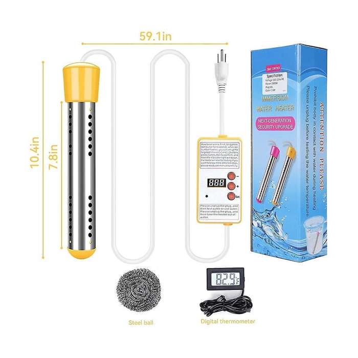 Immersion Water Heater, 1500w Electric Submersible Water Heater with Timer, Stainless Steel Cover E