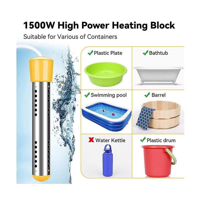 Immersion Water Heater, 1500w Electric Submersible Water Heater with Timer, Stainless Steel Cover E