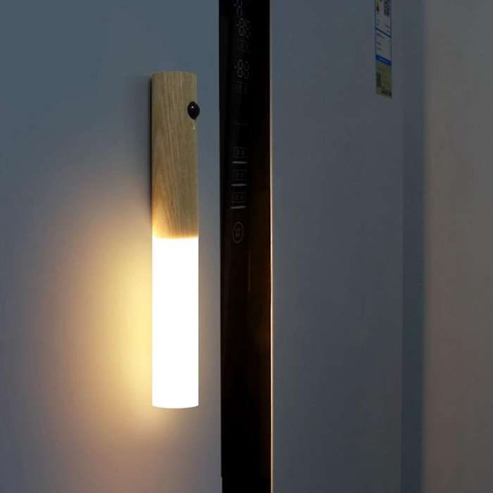Intelligent Auto PIR Motion Sensor LED Rechargeable Magnetic Night Light Wood Wall Light Kitchen Cab