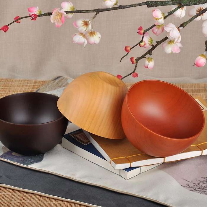 Japanese Style Wooden Bowls, Salad, Noodle, Fruits and Cereal Wooden Bowl Tableware, Red-brown