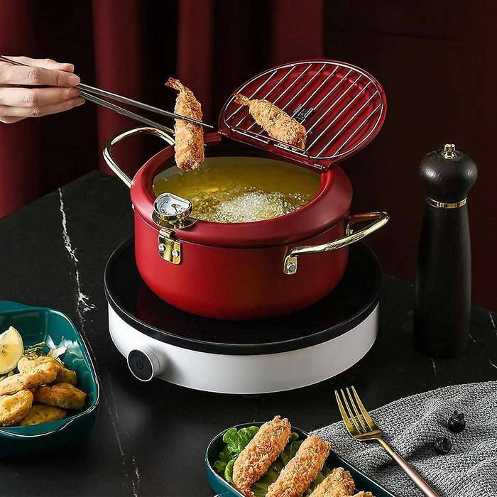 Kitchen Deep Frying Pot with Lid and Thermometer Non Stick Tempura Deep Fryer Stainless Steel Tempu