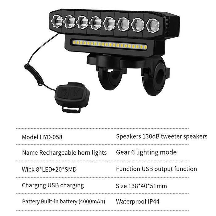 LED Bike Headlight LED Light Bar with 130DB Bell Bicycle Front Light Power Bank USB Charging Bicycle