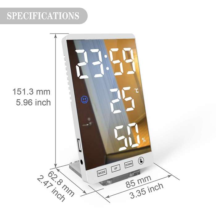 LED Digital Mirror Alarm Clock Press Button Clock LCD Temperature Humidity Display USB Output Port T
