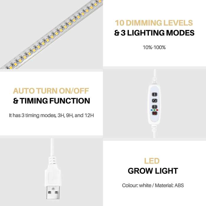 LED Grow Light Strips, Full Spectrum Grow Lights for Indoor Plants with Auto On/Off 3/9/12H Timer