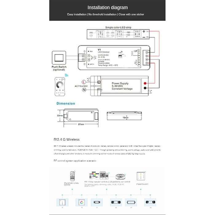 LED Light Strip Intelligent Dimming Monochrome Controller 2.4G Stepless Dimming Panel Remote Control