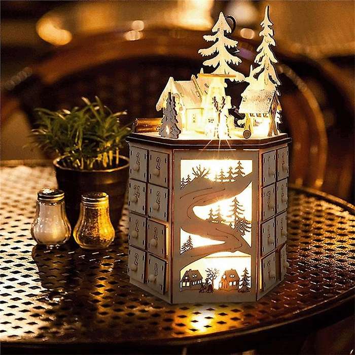 Led Revolving Music Box Calendar Decorated with Led Lights Wooden Carved 24 Day Countdown to Christm