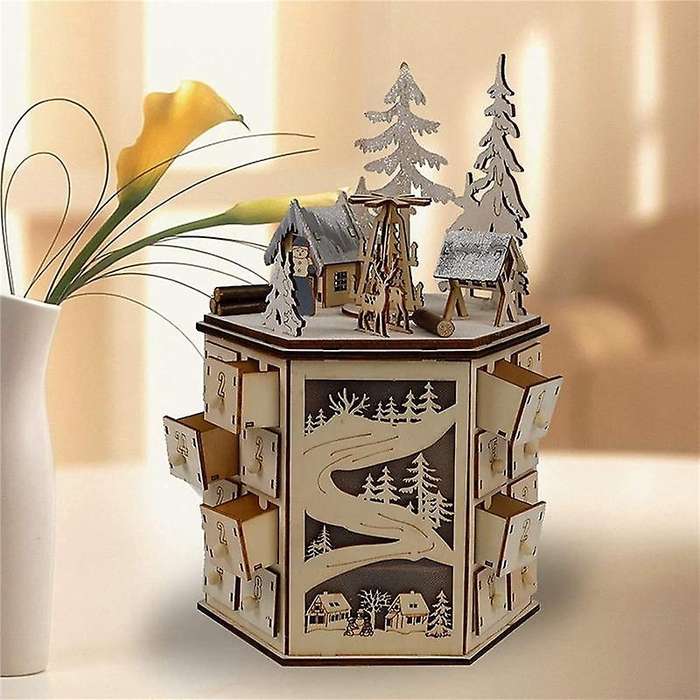 Led Revolving Music Box Calendar Decorated with Led Lights Wooden Carved 24 Day Countdown to Christm