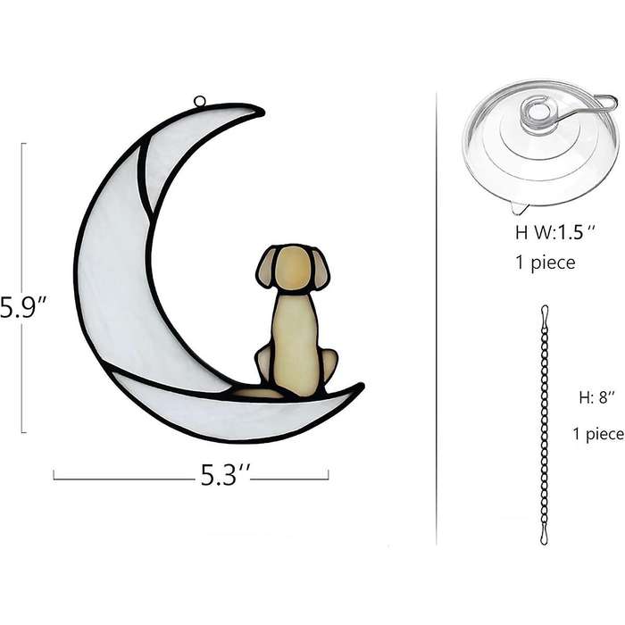 Loss Of Dog Sympathy Gift, Stained Glass Dog On Moon for Suncatcher Gifts, Yellow Dog Memorial Gift