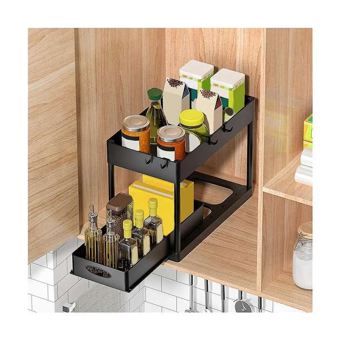 Lower Sliding Cabinet Basket Organizer, 2nd Floor Locker Lower Bathroom Sink Storage Box
